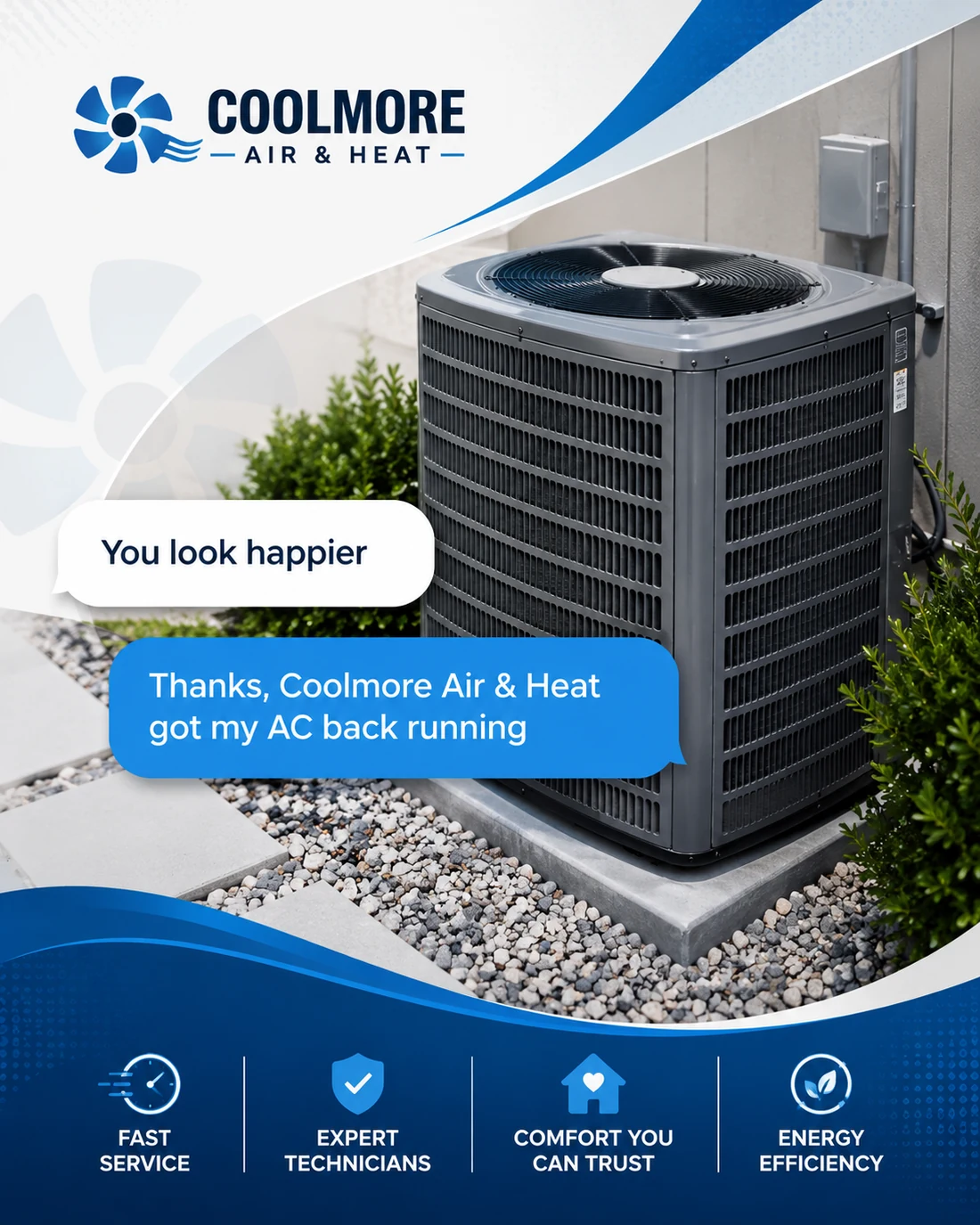 Coolmore Air & Heat branded customer comfort message