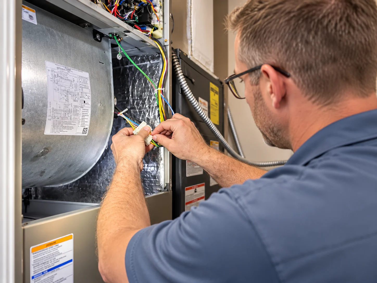 HVAC technician repairing electrical wiring inside an air handler