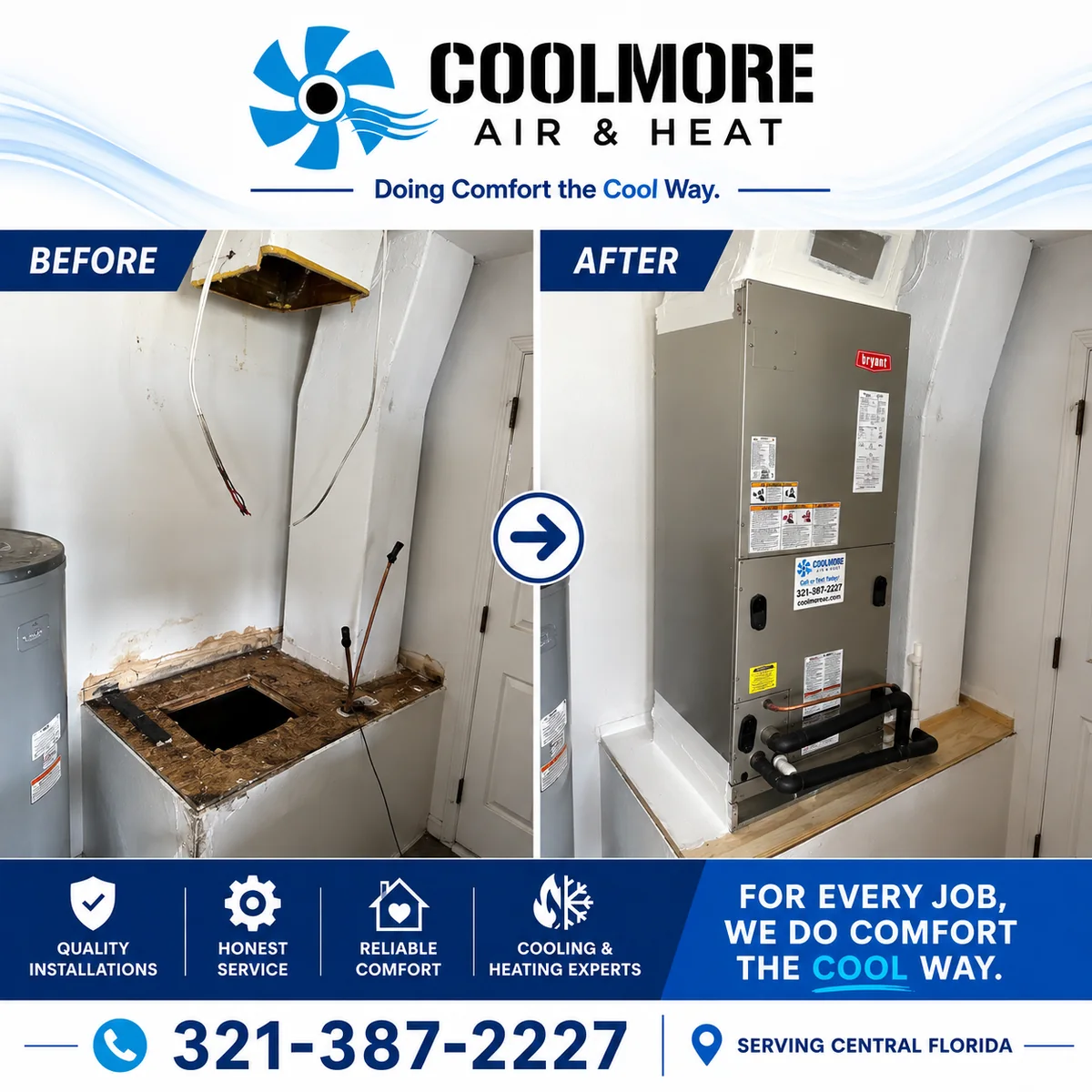 Before and after HVAC equipment replacement by Coolmore Air & Heat