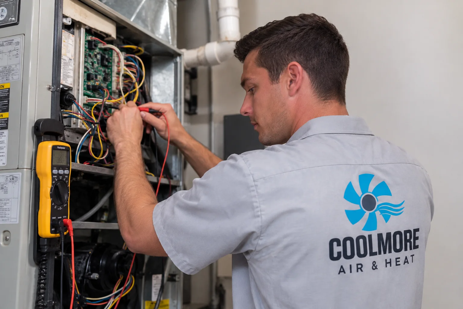 Coolmore Air & Heat technician working on HVAC equipment