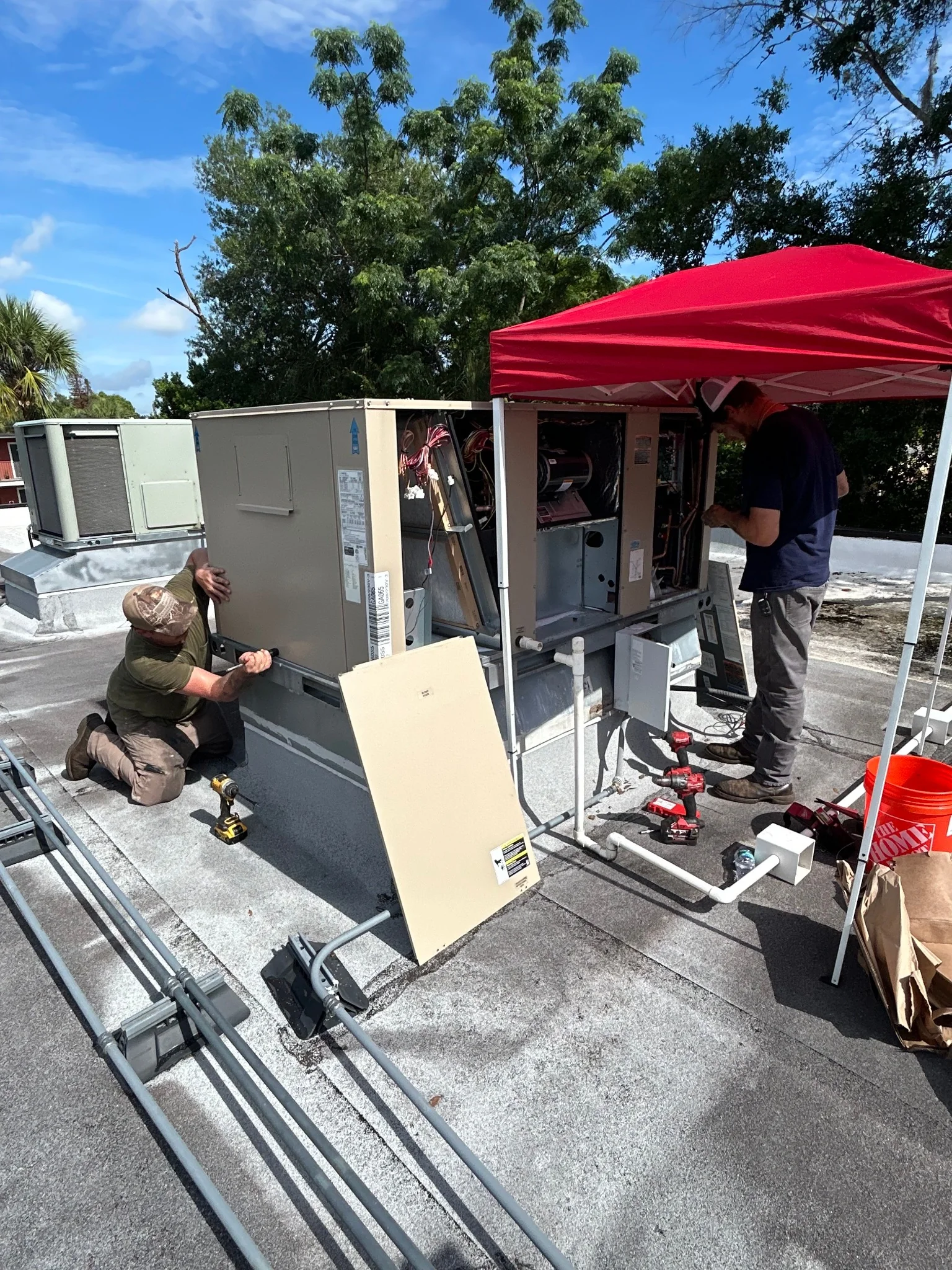 HVAC crew working on rooftop package equipment