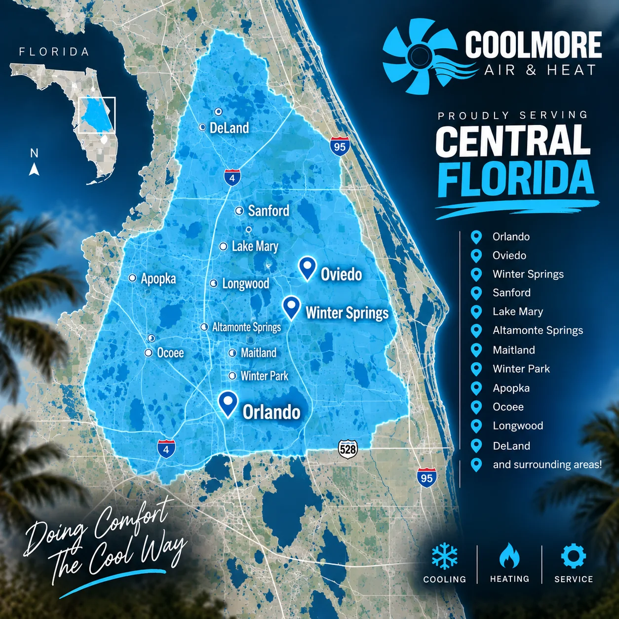 Coolmore Air & Heat Central Florida service area map