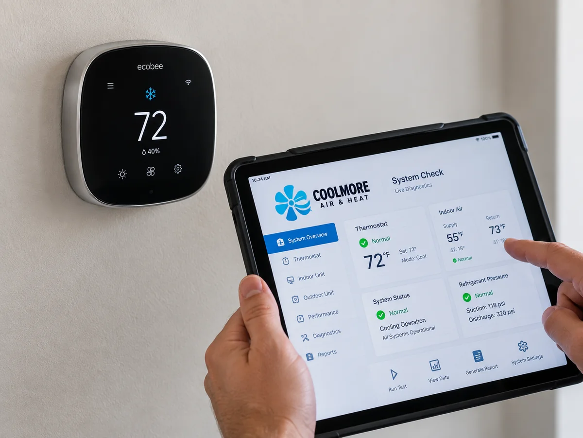 HVAC thermostat and system diagnostics during equipment evaluation